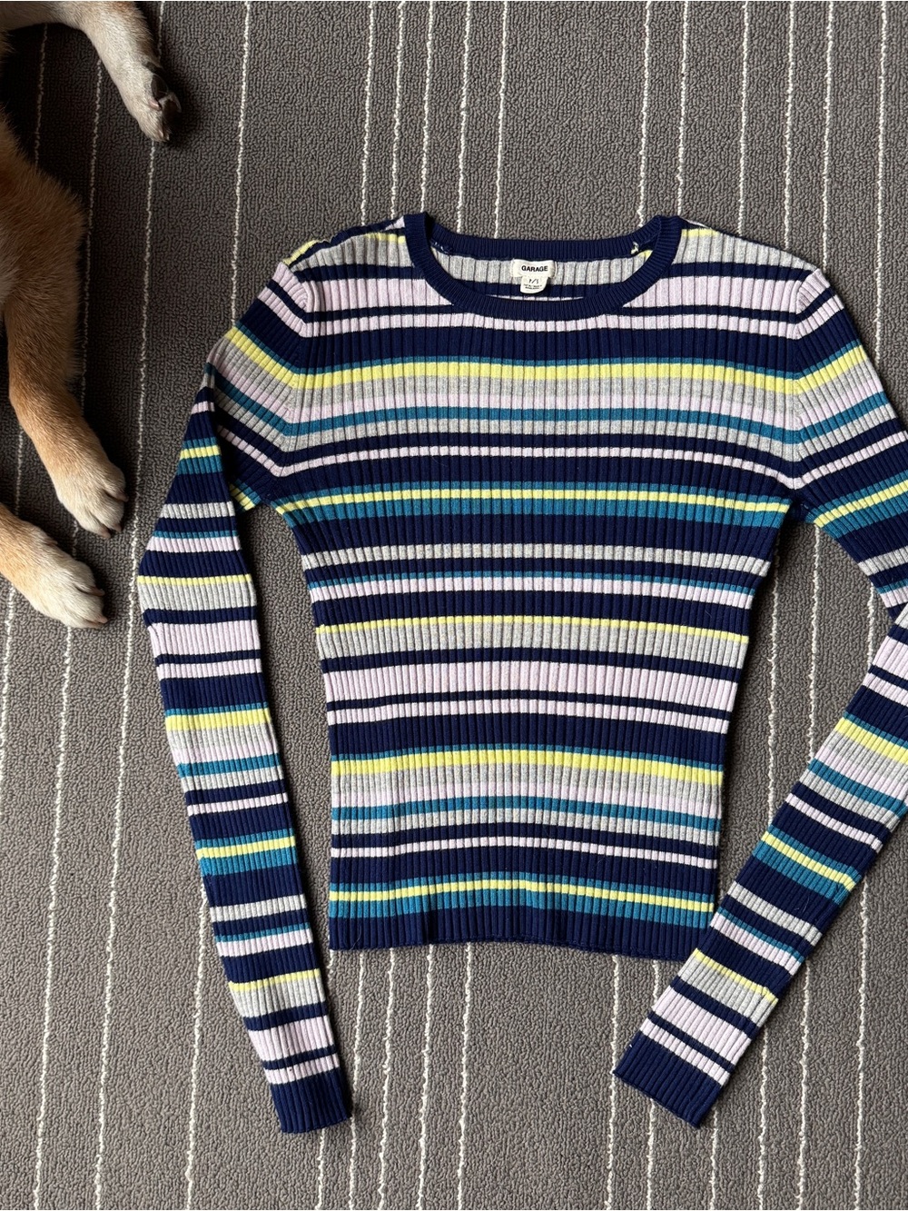 Garage Striped Ribbed Crewneck Sweater - Navy, Light Pink & Yellow